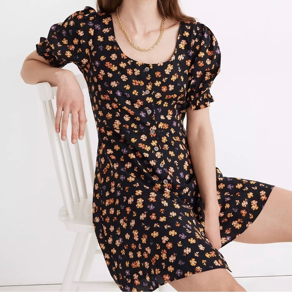 MADEWELL Smock-Sleeve Button Front Floral Mini Dress in Happy Hibiscus